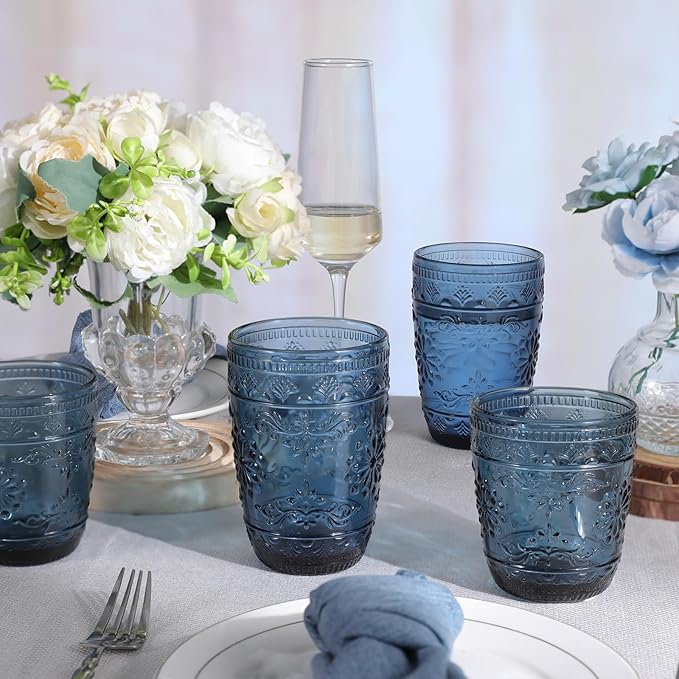 Blue Glassware set of 4, 10OZ Drinking Glasses, Blue Heavy Duty Glass Cups, Old Fashioned Glass, Embossed Glasses Set for Party Wedding Home Office Glassesware Gift