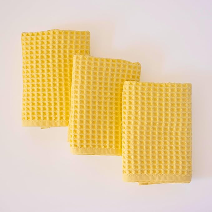 PÜSKÜL Organic Waffle Kitchen Towel 100% Turkish Cotton Set of 3 Yellow - Premium Quality, Soft, Quick-Dry, Absorbent, Lint-Free Hand Towels 32X16 Inches (3, Light Yellow)