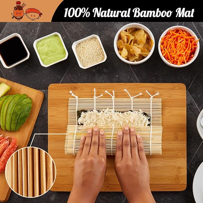 No Plastic Bamboo Sushi Making Kit, Sushi Roller, 2 Bamboo Sushi Rolling Mats, 5 Pairs Chopsticks, Sauce Dish & More - Natural Sushi Maker Set for Beginners DIY Sushi at Home