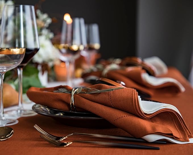 Solino Home Linen Napkins Set of 4 - Classic Hemstitch 100% Pure Linen Cinnamon Dinner Napkins Cloth 20 x 20 Inch for Fall, Autumn, Winter, Thanksgiving - Handcrafted and Machine Washable
