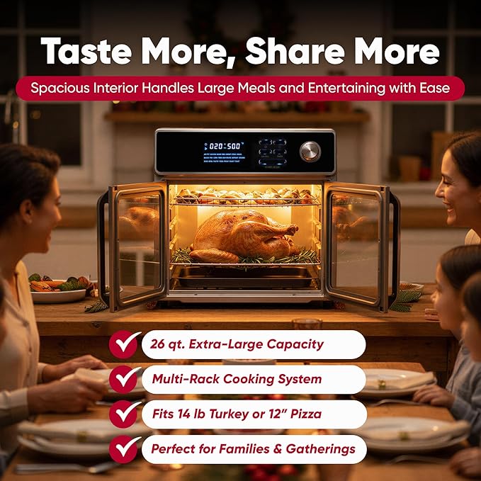 26-Quart Large Air Fryer Oven |10-in-1 Countertop Stainless Steel Toaster Oven Combo | Non Toxic Family Size Air Fryer - Frying, Baking, Toasting, Dehydrating, Rotisserie | 1700W 360° Heating