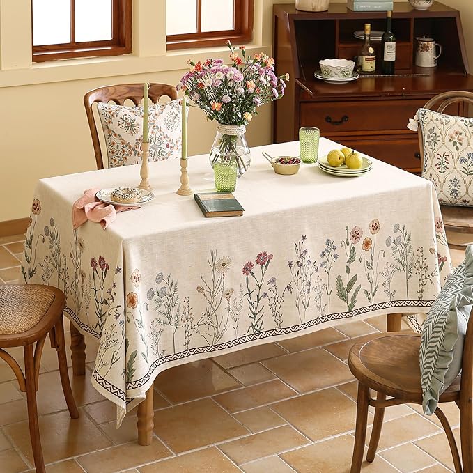 Floral Tablecloth for Rectangular Tables,Linen Table Cloth with Colorful Flowers Pattern,Heavy Durable Table Cover for Dining Thanksgiving Kitchen Decor Party Banquet Christmas,55"*87"