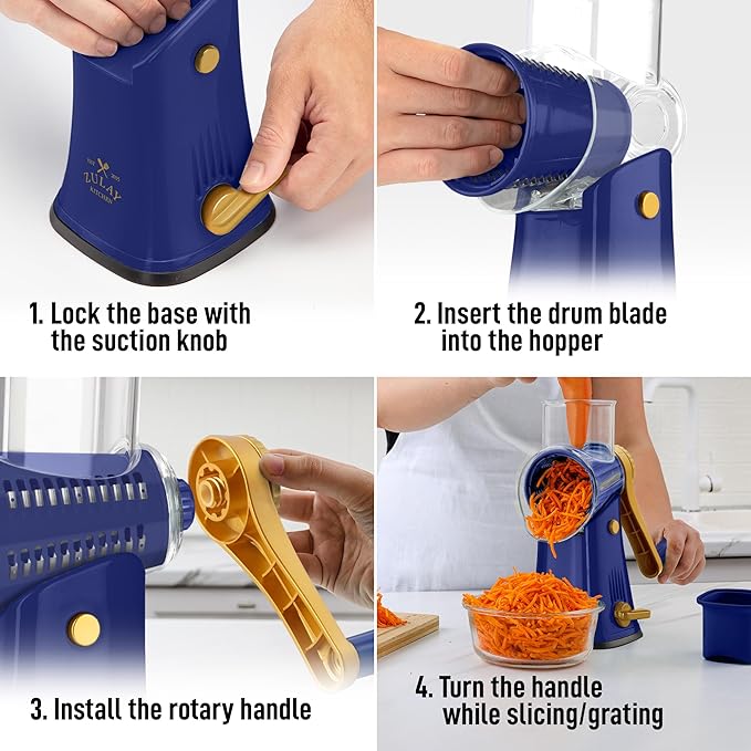 Zulay Kitchen Rotary Cheese Grater 5 Blade Cheese Shredder - Manual Hand Crank Cheese Grater With Reinforced Suction & 5 Interchangeable Drums - Easy to Use, Vegetable Chopper Round Mandoline Slicer