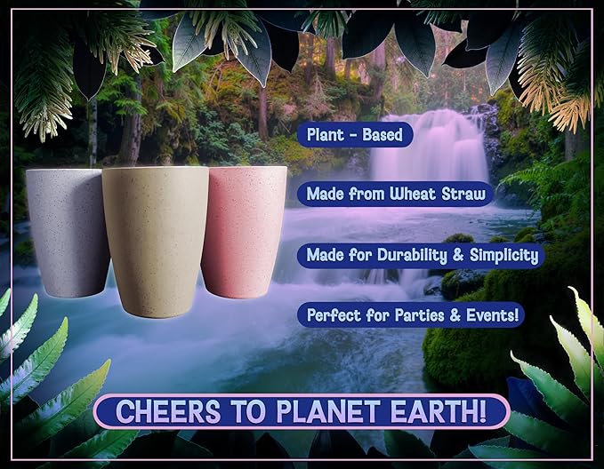 Hippie & Squatch's Tree Chuggers Plant Based Reusable Cups 12 oz - 6 Count - Wheat Straw Plastic Alternative Cups - Dishwasher Safe Tumblers - Unbreakable Drinking Glasses