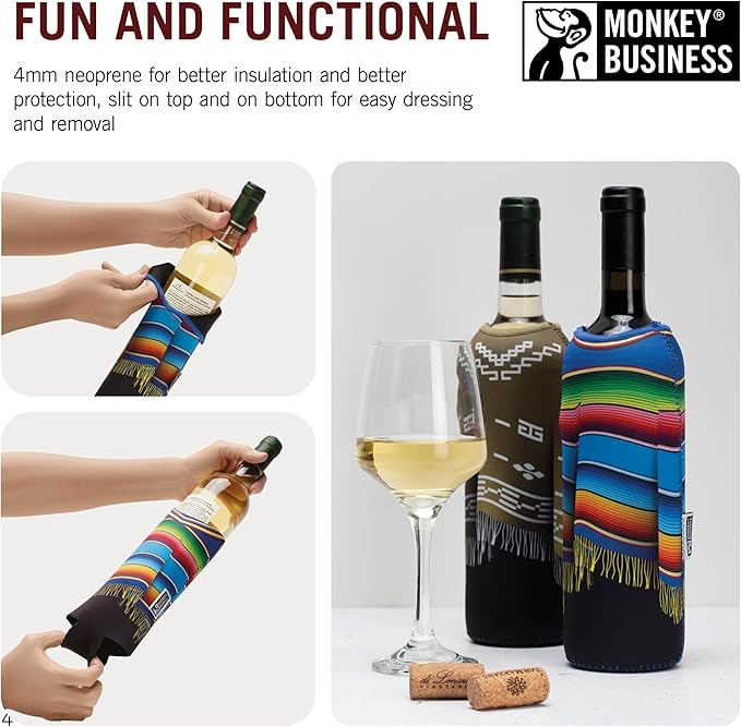 Monkey Business - Wine Bottle Poncho Covers: Set of 2 Insulated Neoprene Sleeves – Fun Wine Bottle Outfits for 750ml (25 oz) Bottles – Decorative Wine Accessories and Wine Gifts