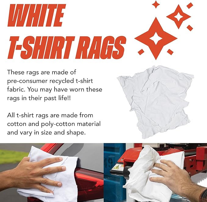Arkwright Tshirt Box of Rags - 5 lb Box - Low Lint, Streak-Free Multipurpose Professional Cotton Cleaning Cloths for Stain, Paint, Wood, and Grease, White
