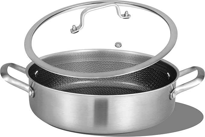 Inqibee 6 QT Hybrid Tri-Ply Stainless Steel Non Stick Sauté Pan with Lid,12 Inch Induction Deep Frying Pan,Large Skillet,Brazier,Dishwasher and Oven Safe