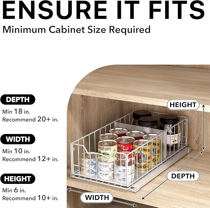 Simple Houseware Pull-Out Cabinet Sliding Basket Organizer, 17.2" D x 9.7" W x 5" H – White, Ideal for Kitchen and Bathroom Cabinet Storage, Under Sink or Pantry Organization