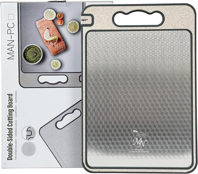 MAN-PC Stainless Steel Cutting Board,Double Sided Steel Cutting Boards for kitchen,Stainless Steel/Wheat straw pp Large Board for meat,non toxic Chopping,14’’×9.6’’ Inch, Dishwasher Safe