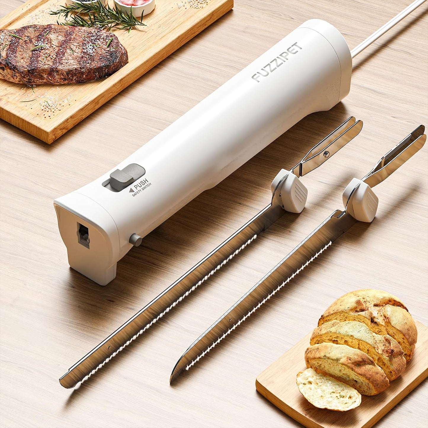 Electric Knife for Meat Slicing, Electric Bread Knife with 4 Stainless Steel Blades, Electric Carving Knife for Meats, Poultry, Bread, Cheese & More (White)