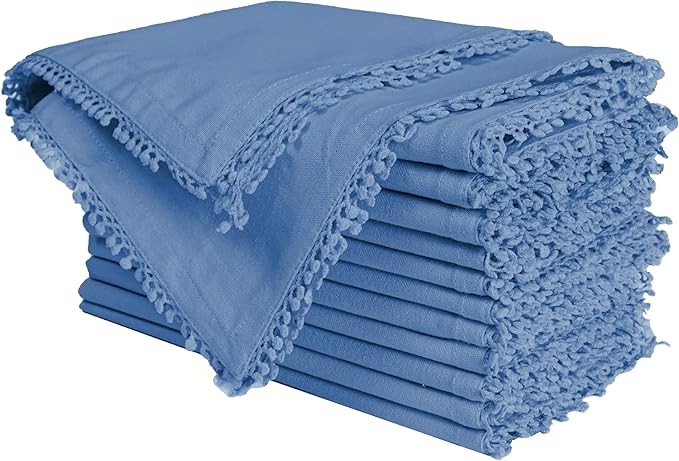 Bedding Craft Cotton Cloth Dinner Napkins Set of 12 – 18x18 Light Blue with Decorative Lace Selvedge – Elegant Machine Washable Fabric Napkins for Weddings, Parties, Baby Showers & Dining