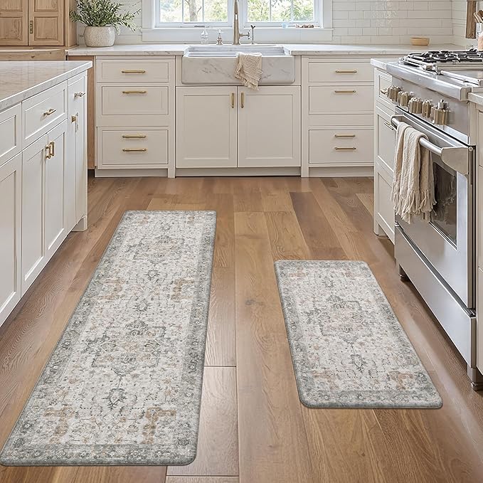GENIMO Kitchen Mats for Floor 2PCs, Washable Anti Fatigue Mat for Cushioned, 17.3"x59"+17.3"x30", Waterproof Kitchen Rugs, Non Slip Comfort Standing Mat Rug for Home, Sink, Laundry, LightTaupeBrown