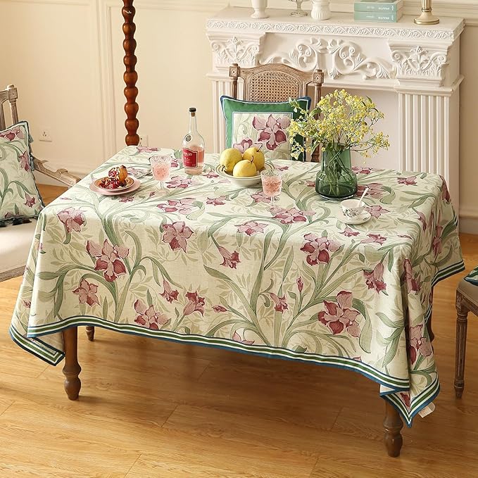 patdrea Designer Purple Tablecloth for Square Tables,Framhouse Linen Violets and Leaves Pattern Linen Tablecloth,Elegant Floral Table Cover Cloth Decor for Kitchen Dining Christmas,67"*67"