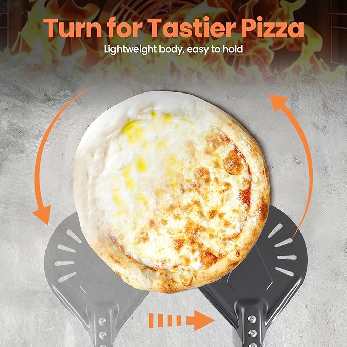 6” Pizza Turning Peel - Extra Long Handle Pizza Turner - Restaurant-Grade Aluminum Perforated Pizza Peel Lightweight Metal Outdoor Pizza Oven Accessories
