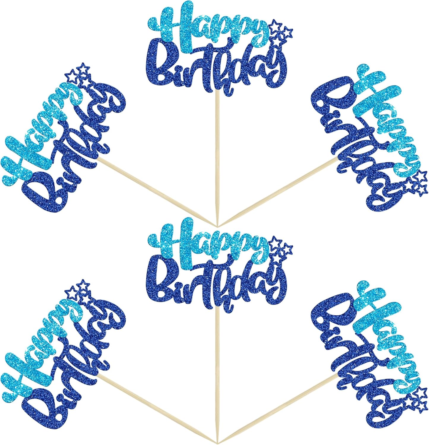 Ephlyn 24Pcs Happy Birthday Cupcake Toppers Double Layer Glitter Happy Birthday Cake Decorations for Baby Shower Theme Kids Boys Girls Birthday Anniversary Party Decorations Supplies Blue