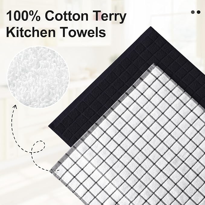 Homaxy Premium Cotton Kitchen Towels 16"x 28", Large Natural Ring Spun 390 GSM Dish Towels, Super Absorbent Terry Kitchen Hand Towels, Soft Tea Towel with Hanging Loop, Black Check Design, 8 Pack