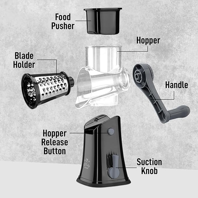 Zulay Kitchen Rotary Cheese Grater 5 Blade Cheese Shredder - Manual Hand Crank Cheese Grater With Reinforced Suction & 5 Interchangeable Drums - Easy to Use, Vegetable Chopper Round Mandoline Slicer