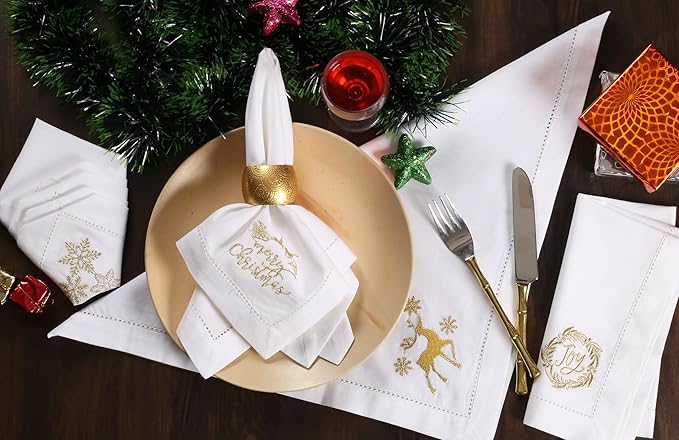 Bedding Craft Cotton Cloth Dinner Napkins Set of 12 – 18x18 White with Gold Embroidery – Reusable Machine Washable Fabric Napkins for Weddings, Parties & Everyday Dining
