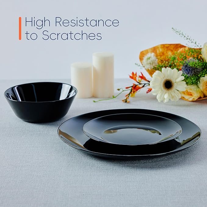 Dinnerware Sets for 6, LaGlint 18 Pieces Opal Glass Plates and Bowls Set, Dishwasher and Microwave Safe Dish Dinning Ware, Chip and Scratch Resistant Dishware Black