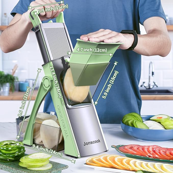 All-in-1 Update Safe Mandoline Slicer for Kitchen, Food Chopper with Container, Thickness Adjustable Vegetable Chopper, Potato French Fry Cutter Tomato Apple Slicer Onion (Matcha Green)