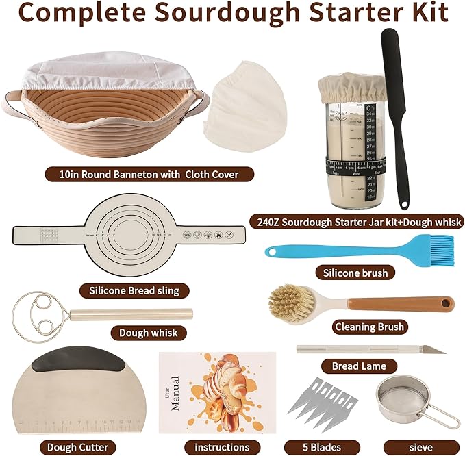 Complete Sourdough Starter Kit with Banneton Proofing Basket & Dough Scraper – All-in-One Bread Baking Set for Homemade Artisan Sourdough