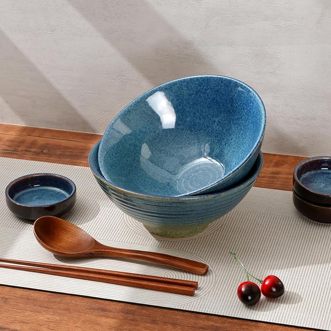 NUTRIUPS 8 Inch Ceramic Ramen Bowl Set of 2 Pho Bowls 40oz Japanese Noodle Udon Soup Bowls with Spoons and Chopsticks (Ice Crack Blue)