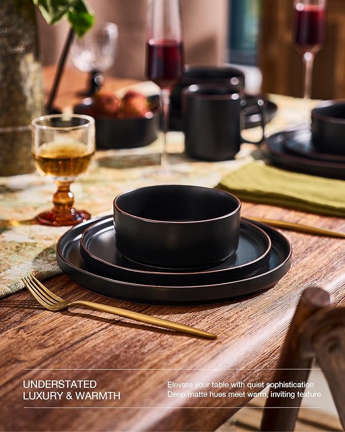 Famiware Nebula Ridge Stoneware Dinnerware Sets, Plates and Bowls Sets for 4, 12 Pieces Dishes Set, Microwave and Dishwasher Safe Kitchen Plates, Matte Black