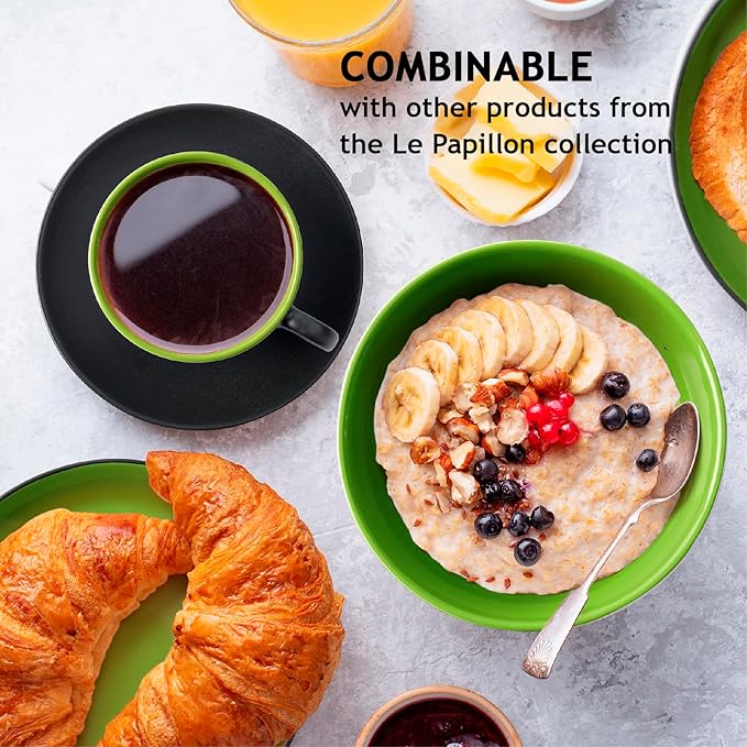 MIAMIO - Set of 6, Ceramic Stackable Cappuccino Cups Set / 6 Ounce Cappuccino Mugs and Saucer with Metal Stand for Coffee Drinks, Cafe, Latte, Americano and Tea - Le Papillon Collection (Mixed)