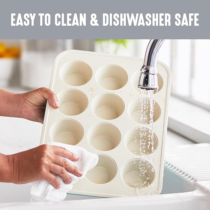 GreenLife 12-Cup Muffin Pan, Healthy Ceramic Nonstick Bakeware, PFOA & PFAS-Free Cupcake Sheet, Durable Baking Tray, Versatile Kitchen Essentials, Easy Clean Muffin Mold, Nonstick Baking Pan, Gray