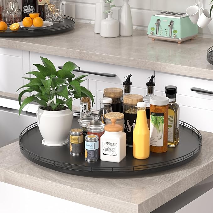 24" Oak Wooden Lazy Susan Turntable for Dining Table, Extra Large Round Lazy Susans Organizer for Kitchen Countertop Charcuterie Boards Cheese Board Organization and Storage Black Home Decor