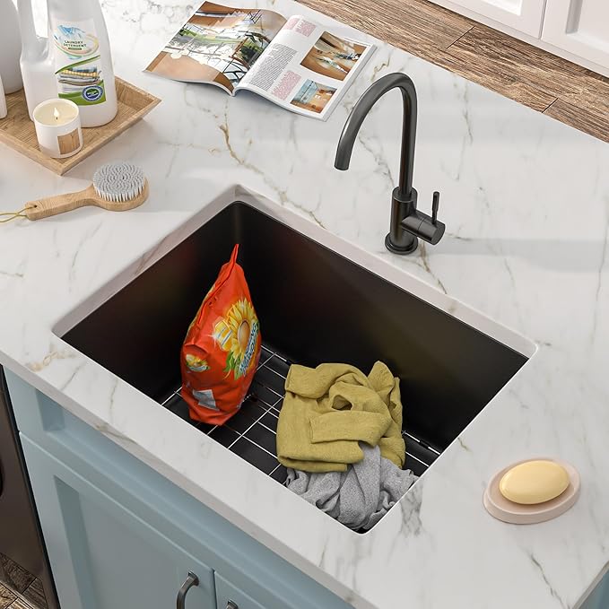 24 Undermount Laundry Sink - Fulorni 24"x18" Laundry Room Utility Sink Undermount Matte Black Granite Composite Quartz Classic 12 Inch Deep Single Bowl Under Counter Basin