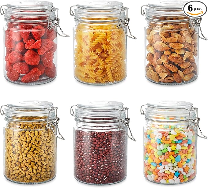 25oz Airtight Glass Jars with Lids, Set of 6 Food Storage Containers & Canisters, Clear Mason Jars with Clamp Seal for Canning, Cereal, Coffee, Pasta, Sugar, Beans & Spices