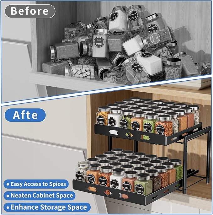 Spice Organization for Cabinet, 2-Tier Cabinet Spice Rack, Height Adjustable Vertical Spice Rack Pull Out for Kitchen, Cabinet, Pantry (14.1''Wx10.8''Dx9.2''H, Metal Black)