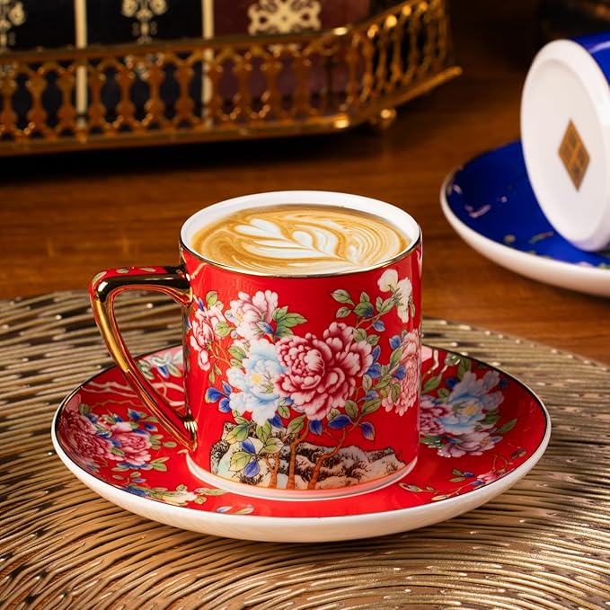 KAMMAK Tea Cups and Saucers Set of 2, Porcelain Coffee Cups with Saucer for Espresso, Cappuccino, 7.5oz Vintage Red and Blue Ceramic Demitasse Mug for Home, Tea Party, Office