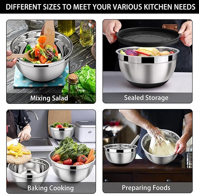 LIANYU Stainless Steel Nesting Mixing Bowls Set of 6, Size 7, 3.5, 2.5, 2, 1.5, 1QT, Large Metal Bowls with Airtight Lids, Ideal for Baking Cooking Food Storage, Non-slip Bottom, Black