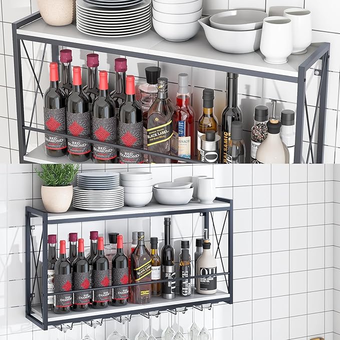 Dokser Wine Rack Wall Mounted Shelf - 2 Tier, Rustic Wood & Industrial Iron Frame Wine Bottle Holder for Kitchen, Dining Room, Home Bar Decor (White)