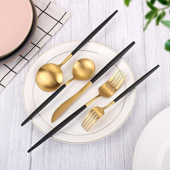Matte Gold Silverware Set With Black Handle, IBIILII JEFF 40 Pieces Stainless Steel Flatware Set For 8，Kitchen Utensil Set, Tableware Cutlery Set, Knife Spoons And Forks Set, Dishwasher Safe