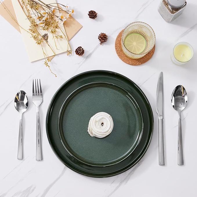 LIANYU Dinnerware Dishes Sets for 8, 24 Piece Stoneware Plates and Bowls Dishware Set, Modern Tableware Includes Ceramic Dinner Salad Plates, Cereal Bowls, Chip & Scratch Resistant, Hunter Green