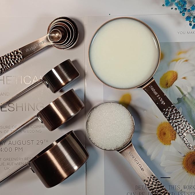 Copper Measuring Cups and Spoons Set - Stainless Steel 6 Cups, 7 Spoons, 1 Leveler, 2 Locking Rings - Kitchen Tool