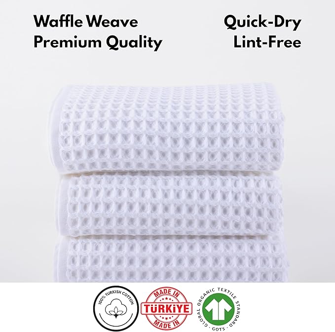 PÜSKÜL Organic Waffle Hand & Kitchen Towel 100% Turkish Cotton Set of 3 White - Premium Hotel Quality, Soft, Quick-Dry, Absorbent, Lint-Free Hand Towels 32X16 Inches (3, White)