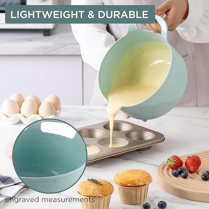 COOK WITH COLOR Nesting Plastic Mixing Bowl Set with Pour Spouts and Handles, Speckled Mint, 4 Piece Non-Slip