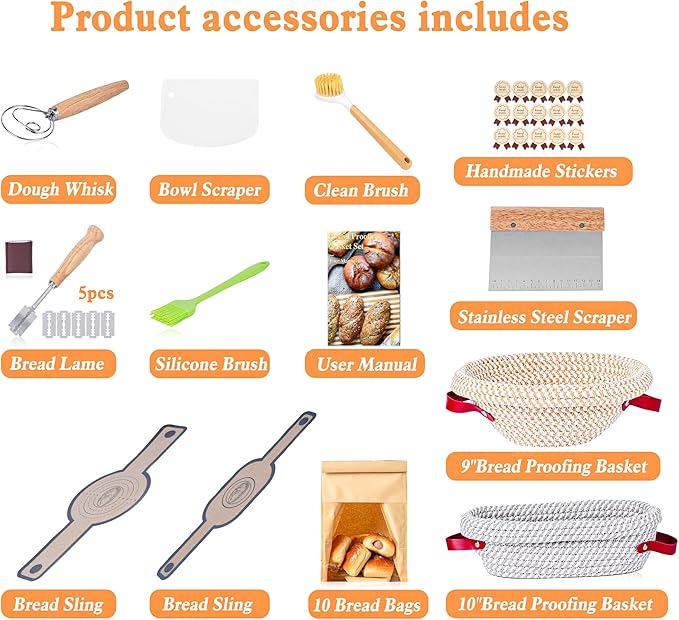 Sourdough Bread Baking Supplies, Banneton Bread Proofing Basket 9" Round & 10" Oval, Sourdough Starter Kit with Bread Sling, Lame, Danish Whisk