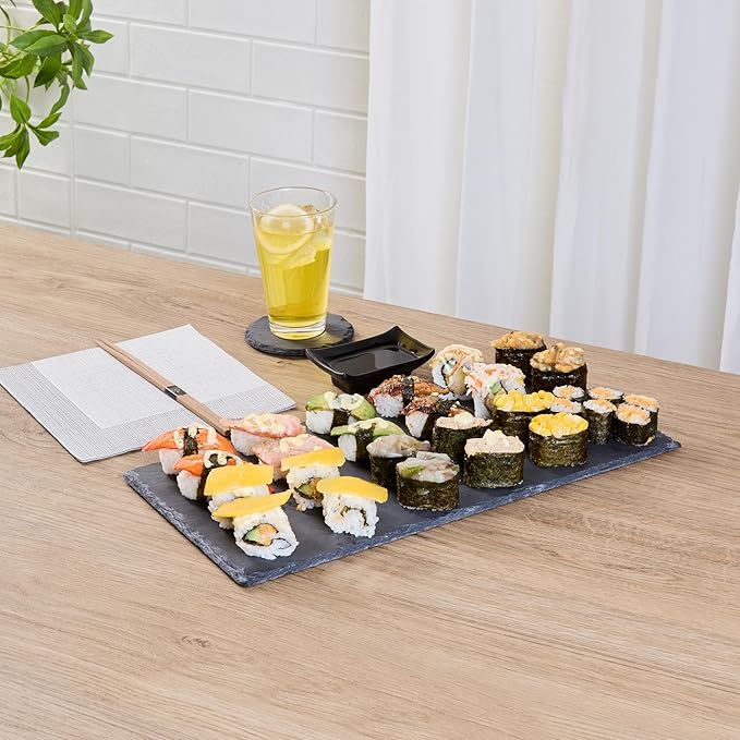 Restaurantware Slate Serving Trays 4 Pack of 15.7" x 7.8" Foam Feet Charcuterie Stone Plates Rustic Edges Freezable Black Serving Display Cheese Boards for Kitchen, Gourmet, Dining, Parties