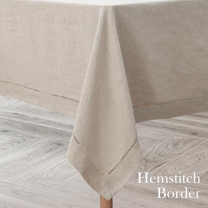 Linen World Hemstitch Linen Tablecloth, French Linen Natural Tablecloth 90" x 60" Inch, Washable Rectangular Table Cloth for Dining, Outdoor, Weddings and Restaurants, Decorative Valentine Easter
