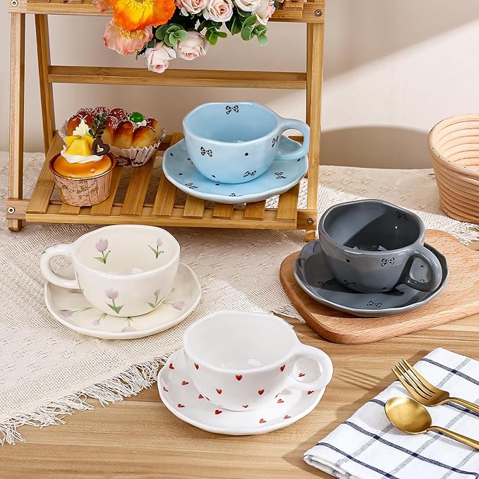 Koythin Ceramic Coffee Mug with Saucers, Handmade Flowers Mugs, Cute Cup for Girl Women, Aesthetic Tea Milk Cup with Handle, 8.5 oz/250 ml for Latte, Cocoa, Office, Home (Grey Small Bow)