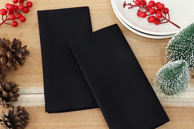 PurpleEssences Set of 12 Cloth Dinner Napkins 100% Cotton 18x18 Inch - Soft Durable Washable - Ideal for Farmhouse Party Christmas Holiday Winter - Perfect Everyday Use Table Linen - Black