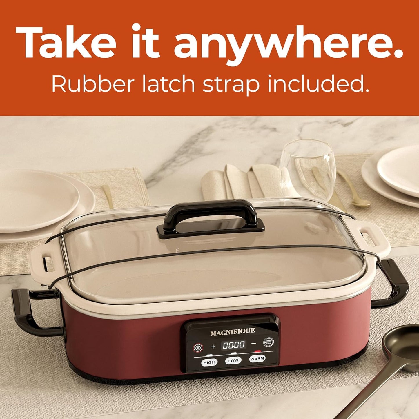 Magnifique 4 Quart Casserole Digital Slow Cooker, Premium Ceramic Bakeware for Oven, Dishwasher Safe Baking Dish, Red