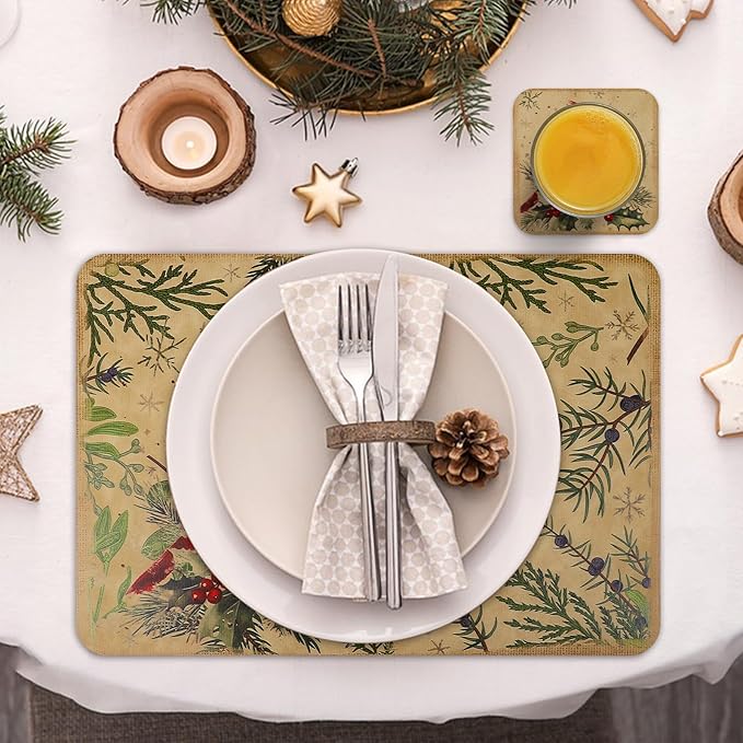 Le courant 16.9in 6PACK Christmas Bird Placemats with 6 Coasters, Reversible Faux Leather Easy Clean Waterproof Stain Resistant Place Mats, for Home Party Dining Holiday Table Decor
