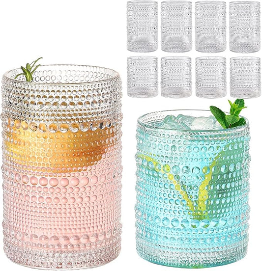 Vintage Hobnail Drinking Glasses Set of 8,Clear 12 oz & 15oz Highball Glass Cups, Kitchen Drinkware Glassware,Embossed Water Tumbler,for Beer,Cocktail,Whiskey,Juice and Various Mixed Drinks