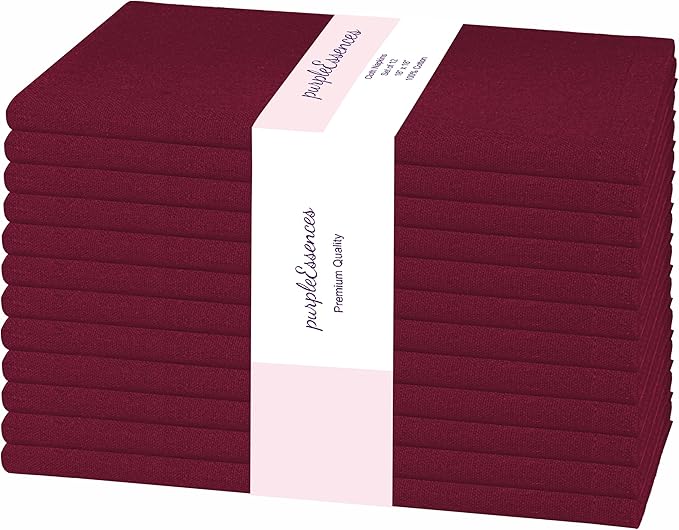 PurpleEssences Set of 12 Cloth Dinner Napkins 100% Cotton 18x18 Inch - Soft Durable Washable - Ideal for Farmhouse Party Fall Thanksgiving - Perfect Everyday Use Table Linen - Burgundy